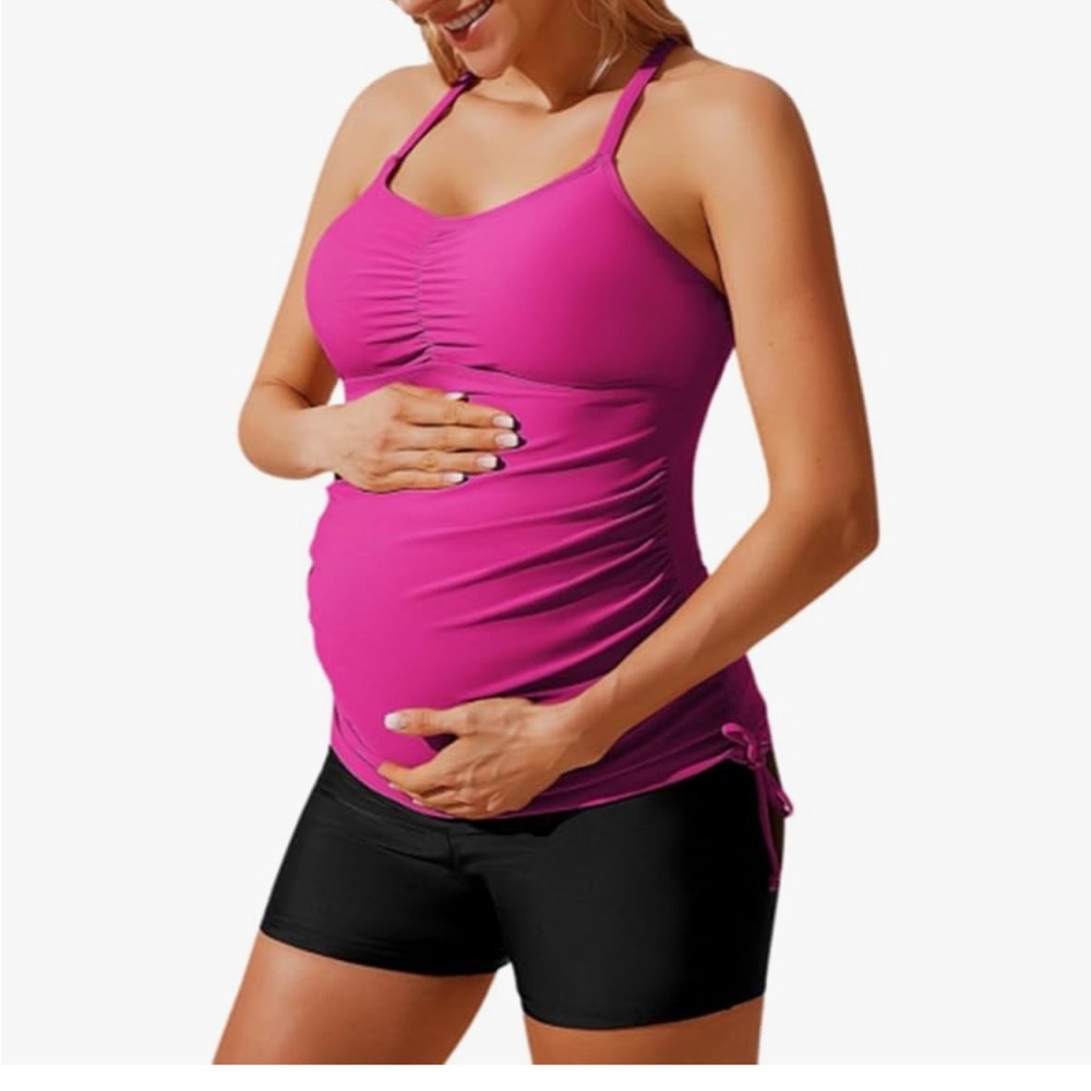 Maternity Athletic Tankini Swimsuits Two Piece Top with Shorts